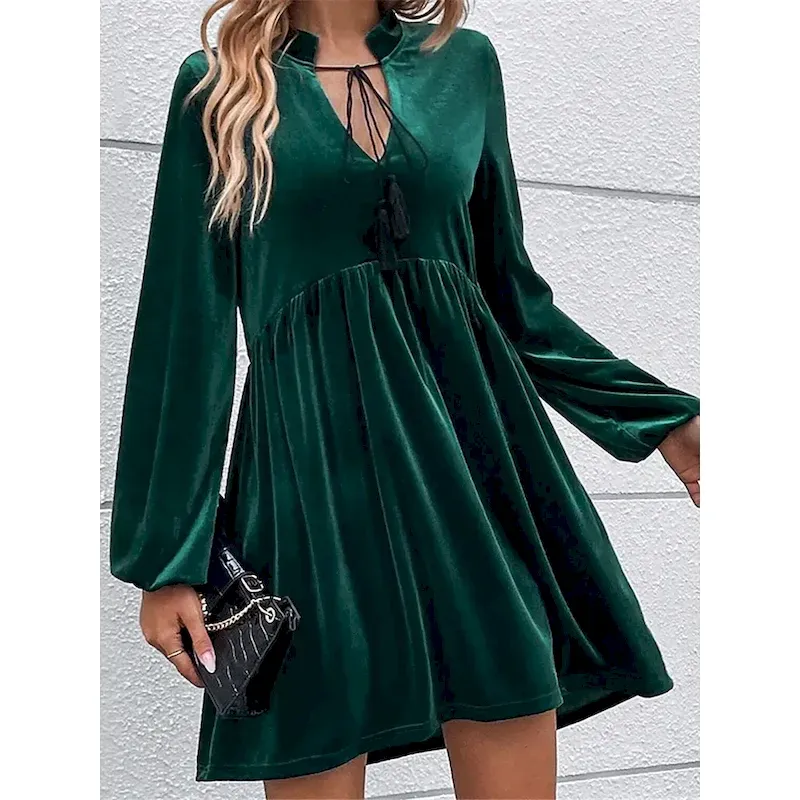 bellow1731648645632.webp Women's Velvet Dress Mini Dress Ruched Casual V Neck Long Sleeve Green Color - Image 1