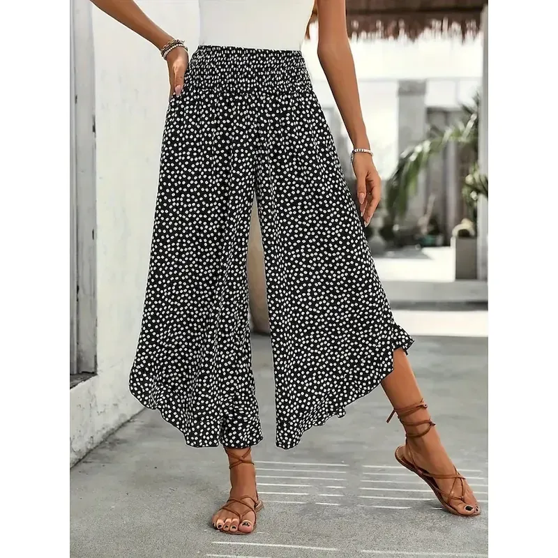 blxnpe1736229543218.webp Women's Wide Leg Chinos Fashion Streetwear Full Length High Waist Polka Dot Pocket Elastic Waistband Print Comfy Soft Comfortable Micro-elastic Outdoor Street Black Red Green Spring Fall Regular Fit - Image 1