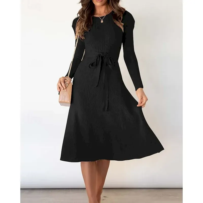 chjdln1725014667760-1.webp Women's Sweater Dress Fashion Elegant Dress Solid Color Ribbed Crew Neck Knitted Long Sleeve Regular Tops Knit Work Daily Black Green Fall Winter - Image 1