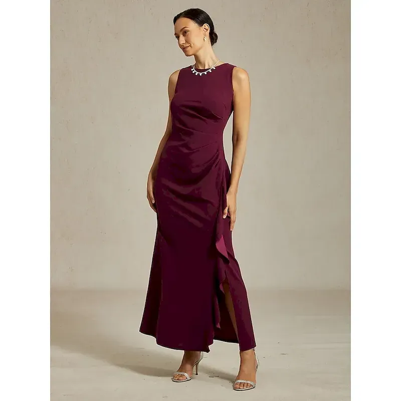 deypkw1758784885346cover9906521ejxqf-1.webp Women's Maxi Dress Sheath Dress Pleated Dress Ruffle Dress Elegant Party Semi Formal Wedding Guest Evening Party Graduation Solid Color Sleeveless Crew Neck Boat Neck Burgundy Summer Spring Fall - Image 1