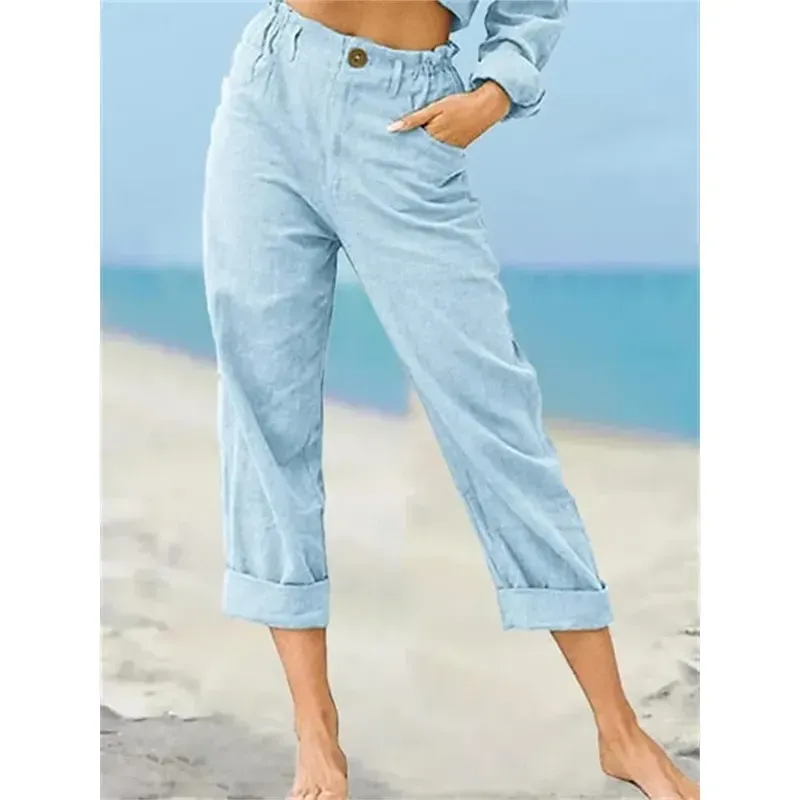 efkslt1717739439338-1.webp Women's Chinos Pants Trousers Streetwear Casual Long High Waist Plain Pocket High Cut Breathability Soft Micro-elastic Vacation Street Daily Wear White Khaki Light Grey Summer Spring Regular Fit - Image 1