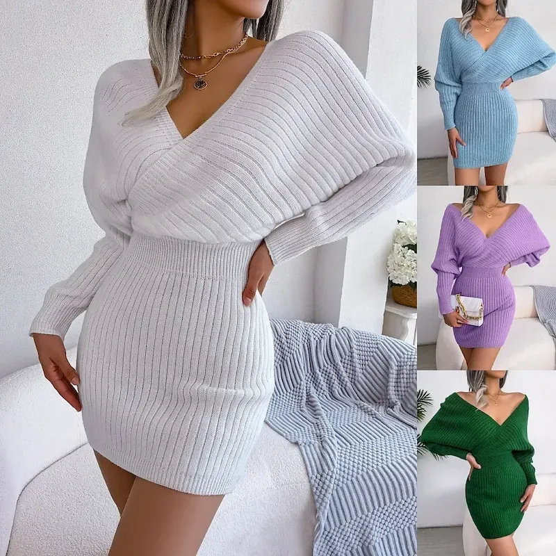 ekjqtv1758071944633-1.webp Women's Sweater Sweater Dress Casual Soft Pure Color Ribbed V Neck Knitted Long Sleeve Long Tops Knit Outdoor Party Daily Black White Spring Fall - Image 1
