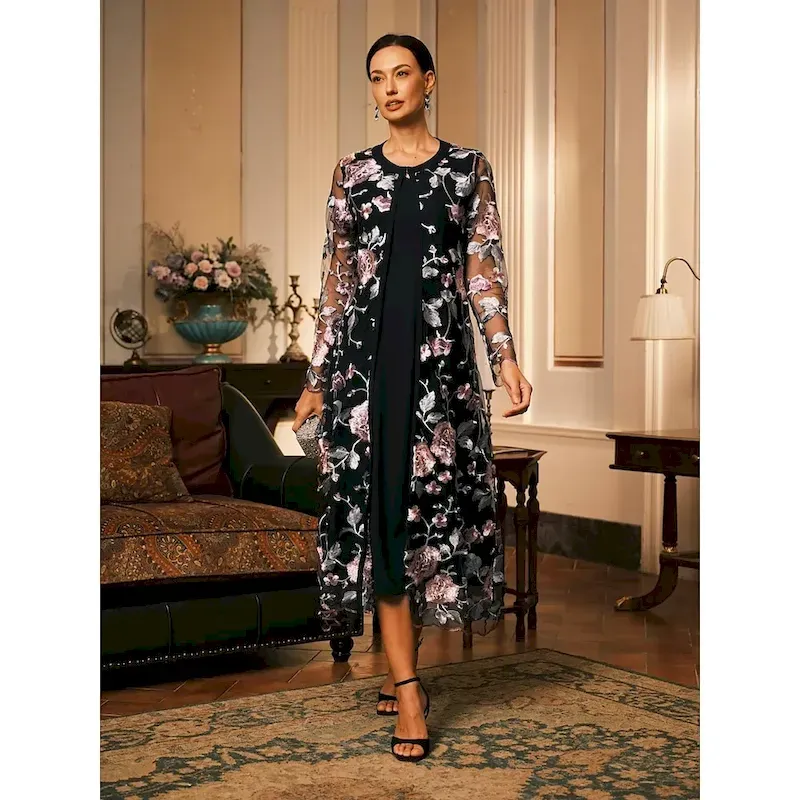 fybhmi1748601535895-1.webp Women's Coat Breathable Lace Embroidered Elegant Floral Formal Wedding Party Long Crewneck Loose Fit Long Sleeve Outerwear Gray Pink Black Burgundy Summer Spring - Image 1