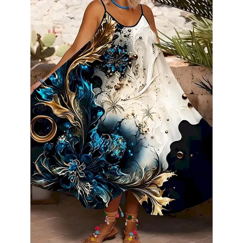 gxshng1740647756037-1.webp Women's Midi Dress Sundress Summer Dress Slip Dress Fit And Flare Dress Vacation Casual Boho Cold Shoulder Vacation Party Casual Oversized Floral Graphic Sleeveless Strap White Light Green Light - Image 1