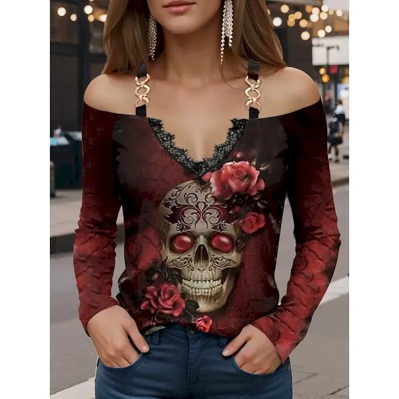 ipqzkj1756205985835.webp Halloween Women's Blouse Floral Skulls Print Graphic Skull Vintage Stylish Casual Long Sleeve V Neck Regular Tops Daily Going out Patchwork Print White Wine Red Purple Khaki Spring Fall - Image 1