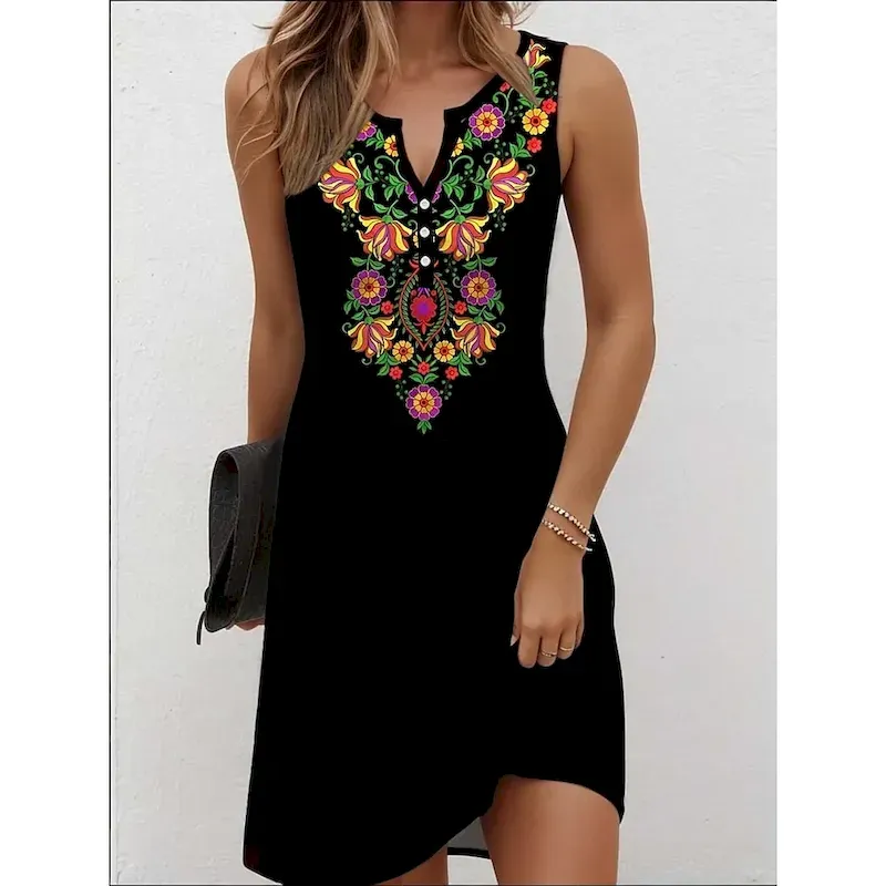 ktoytp1740390954601.webp Women's Mini Dress Casual Dress Petite Dress Sundress Summer Dress Bohemia Vacation Vintage Vacation Daily Holiday Regular Fit Floral Graphic Bohemian Sleeveless V Neck Black White Summer - Image 1