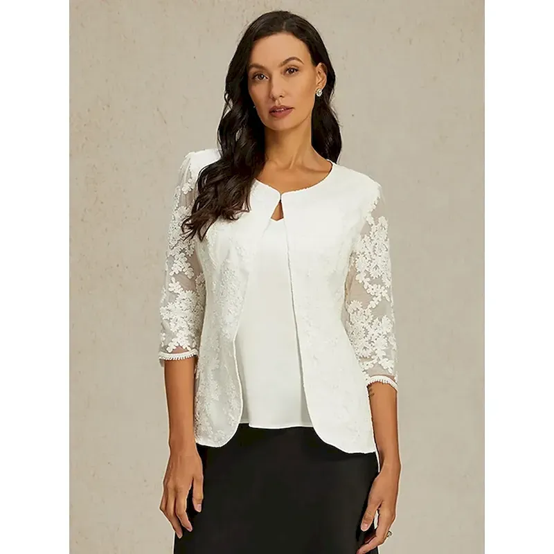 ljglje1754809674253-1.webp Women's Lace Jacket Blazer Mesh Elegant 3/4 Length Sleeve Crew Neck Regular Tops Wedding Guest Work Daily Lace White Spring Fall - Image 1