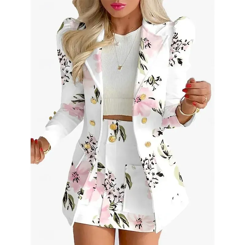 mcdrcc1754479748659.webp Women's Suits Blazer Comfortable Breathable Pocket Print Fashion Casual Floral Office Street Casual Daily Wear Single Breasted Short Turndown Regular Fit Long Sleeve Outerwear Black White Yellow - Image 1