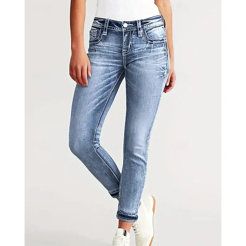 neyyqc1758190346384-1.webp Women's Jeans Chinos Vacation Vintage Streetwear Full Length Medium Waist Plain Embroidered Pocket Elastic Waist Comfortable Micro-elastic Vacation Street Daily Dark Blue Light Blue Fall Winter Slim - Image 1