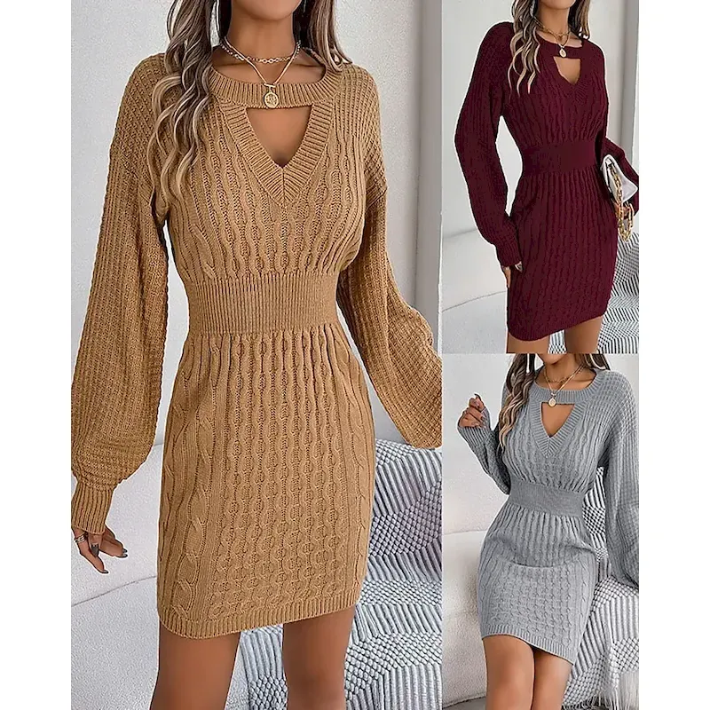 nttbun1758276947170-1.webp Women's Mini Dress Sweater Dress Bodycon Sheath Dress Fashion Modern Lantern Sleeve Daily Holiday Weekend Regular Fit Plain Long Sleeve Crew Neck Wine Khaki Grey Spring Fall - Image 1