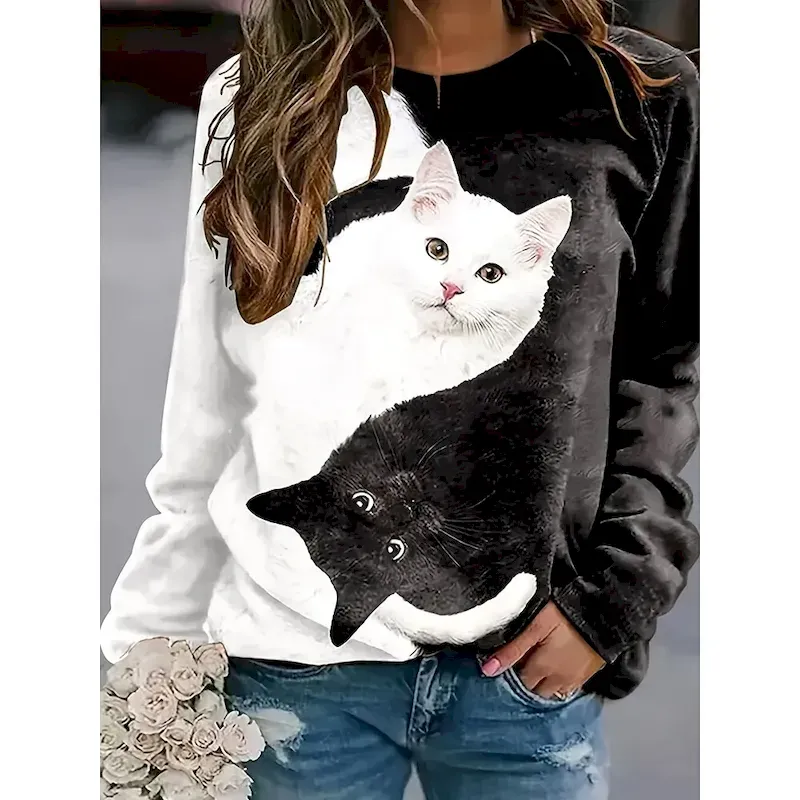nwipcm1755056649181cover18519272xjptz.webp Women's T shirt Long Sleeve Graphic Animal Cat Vintage Stylish Classic Long Sleeve Crew Neck Round Neck Regular Tops Daily Print Black and White Spring Fall Prefall - Image 1