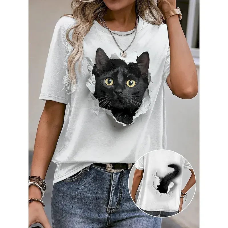 nyyzpq1714637232081-1.webp Women's T Shirt Casual Short Sleeve Round Neck Cat 3D Print Illusion Graphic Novelty Tee White Breathable Soft Comfortable Summer Daily Wear Pet Lovers Clothing - Image 1