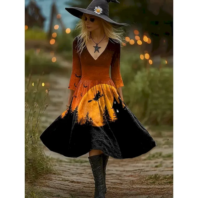 qwjxfl1756957241313.webp Halloween Women's Witch Print Midi Dress A Line Dress Vacation Casual Party Regular Fit Graphic Hocus Pocus Long Sleeve V Neck Orange Dark Grey Light Orange Spring Fall - Image 1