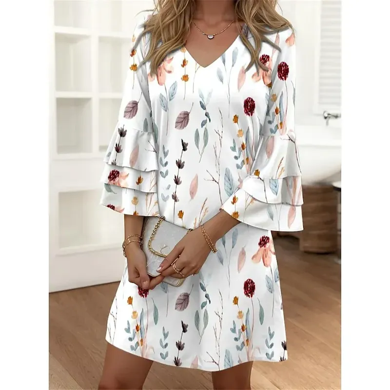 rjmfpz1707300968200.webp Women's Mini Dress Casual Dress Semi Formal Dress Petite Dress Sundress Streetwear Ruffle Sleeve Vacation Street Date Regular Fit Floral 3/4 Length Sleeve V Neck Pink Blue Purple Summer - Image 1