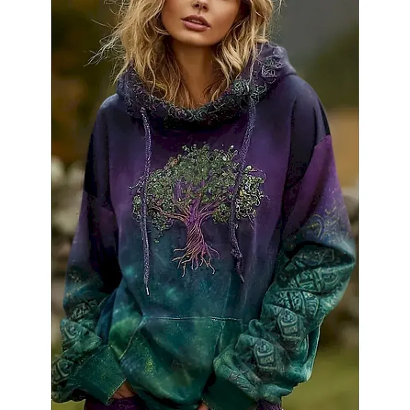 rrzvte1754649428387-1.webp Women's Hoodies Graphic Vintage Daily Casual Long Sleeve V Neck Regular Tops Tribal Tree Of Life Vintage Designer Vacation Street Going out Daily Holiday Print Wine Red Dark Green Fall Winter - Image 1