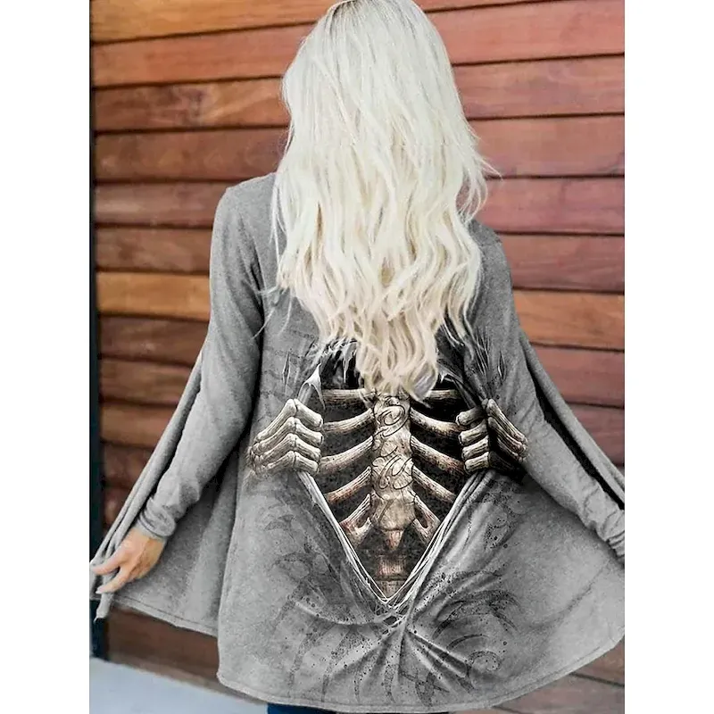 rtkdzo1757899668727-1.webp Women's Coat Lightweight Comfortable Print Vintage Fashion Artistic Casual Skull Casual Long Collarless Regular Fit Long Sleeve Outerwear Black White Orange Spring Fall - Image 1