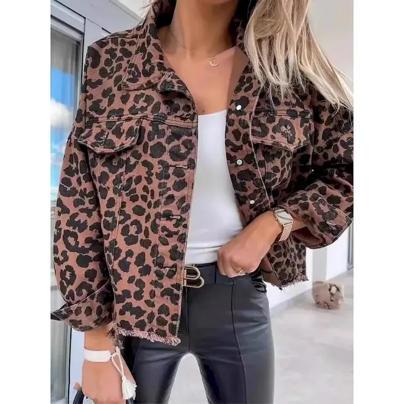tqtszk1754646124867.webp Women's Casual Jacket Comfortable Breathable Buttons Print Casual Leopard Vacation Street Casual Daily Wear Single Breasted Short Stand Collar Regular Fit Long Sleeve Outerwear Leopard Summer Spring - Image 1