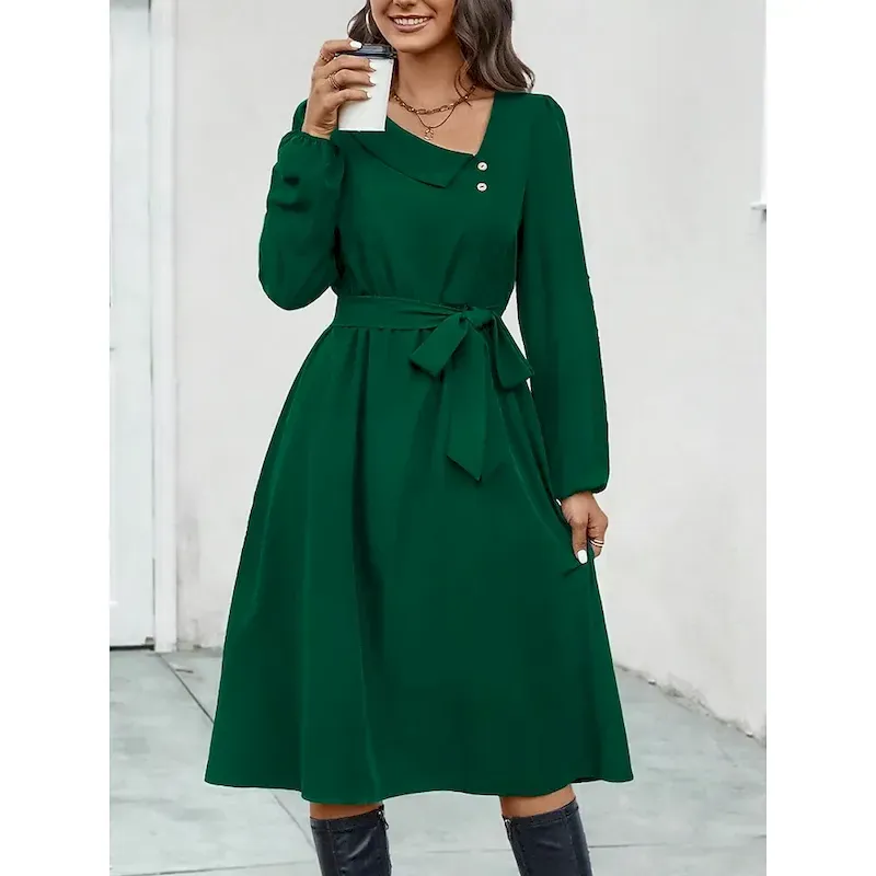 ugitsm1724221078318.webp Women's Midi Dress Elegant Dark Green Long Sleeve Belted V-Neck Button Detail Work Casual A-line Flowy Versatile Autumn Spring Clothing Apparel - Image 1
