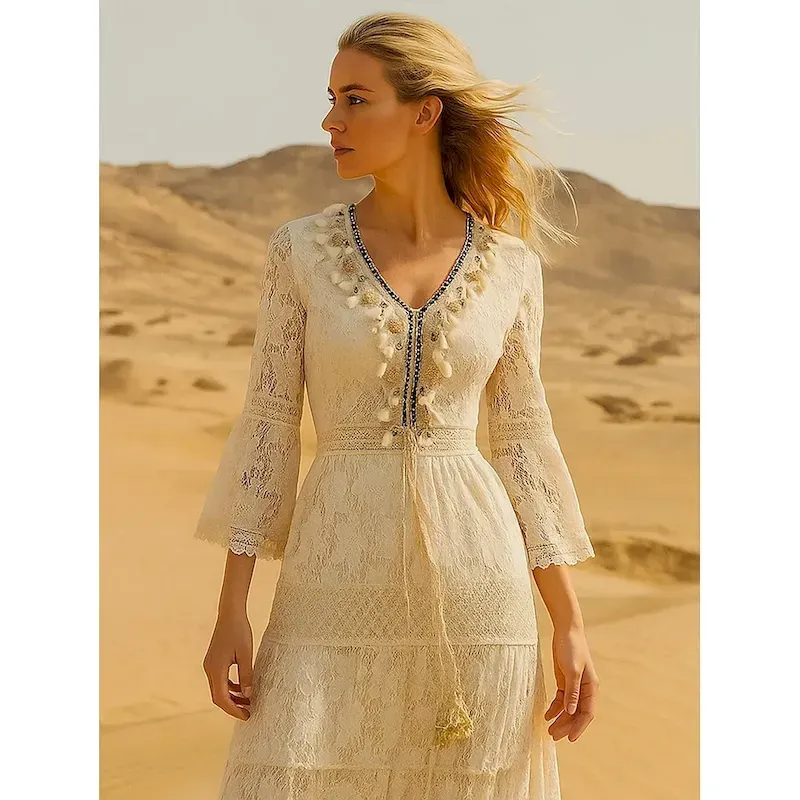 xhqfxz1751609831066-1.webp Women's Maxi Dress Sundress A Line Dress Vacation Party Birthday Party Going out Beach Solid Color 3/4 Length Sleeve V Neck White Apricot - Image 1